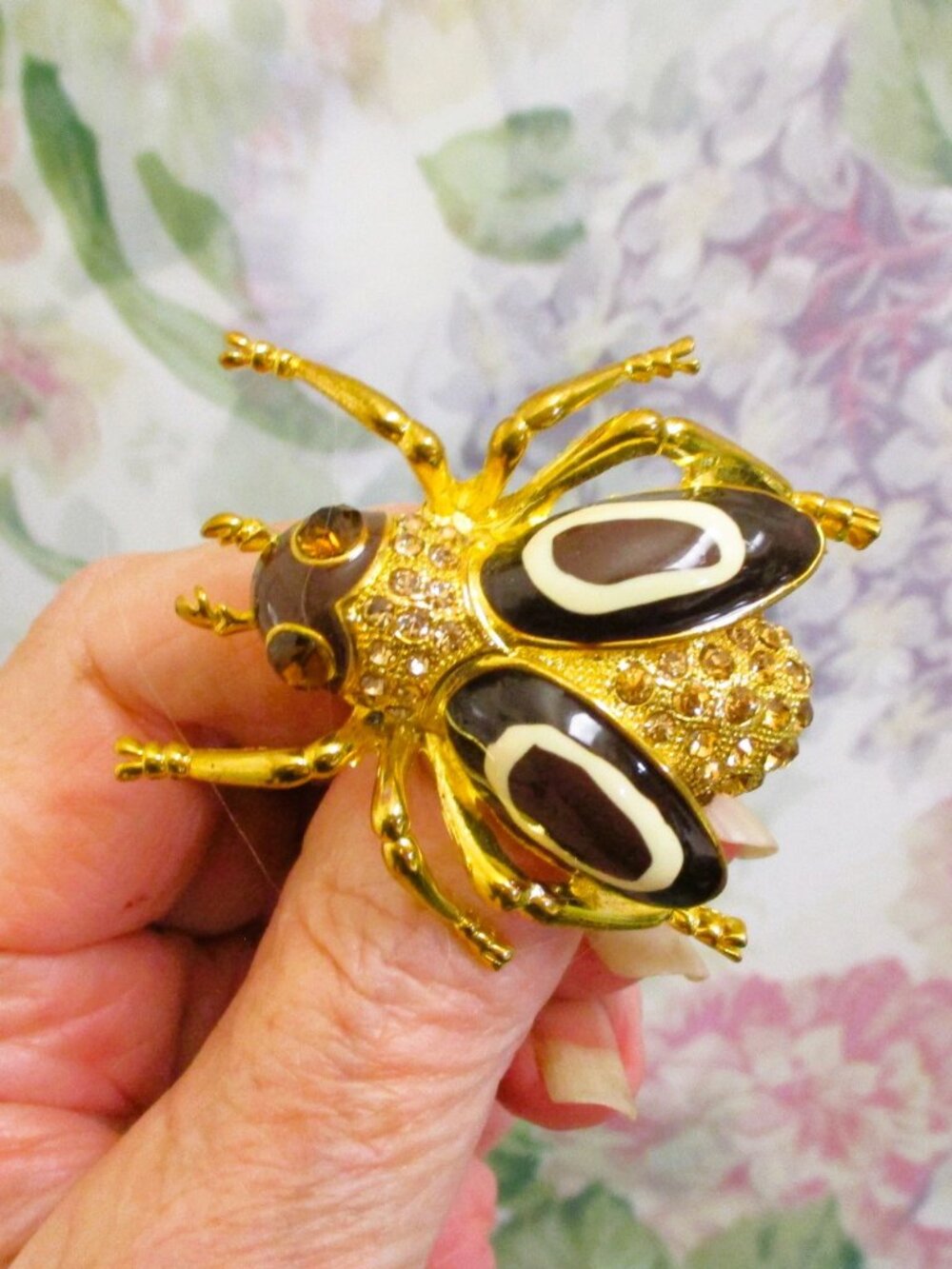 Vintage AUSTRIAN CRYSTAL Fly Brooch: Rhinestone Enamel Gold-Plated Winged Insect